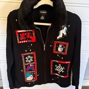 Designer Originals Studio Joy Christmas Sweater Small Faux Fur Collar Zip Front